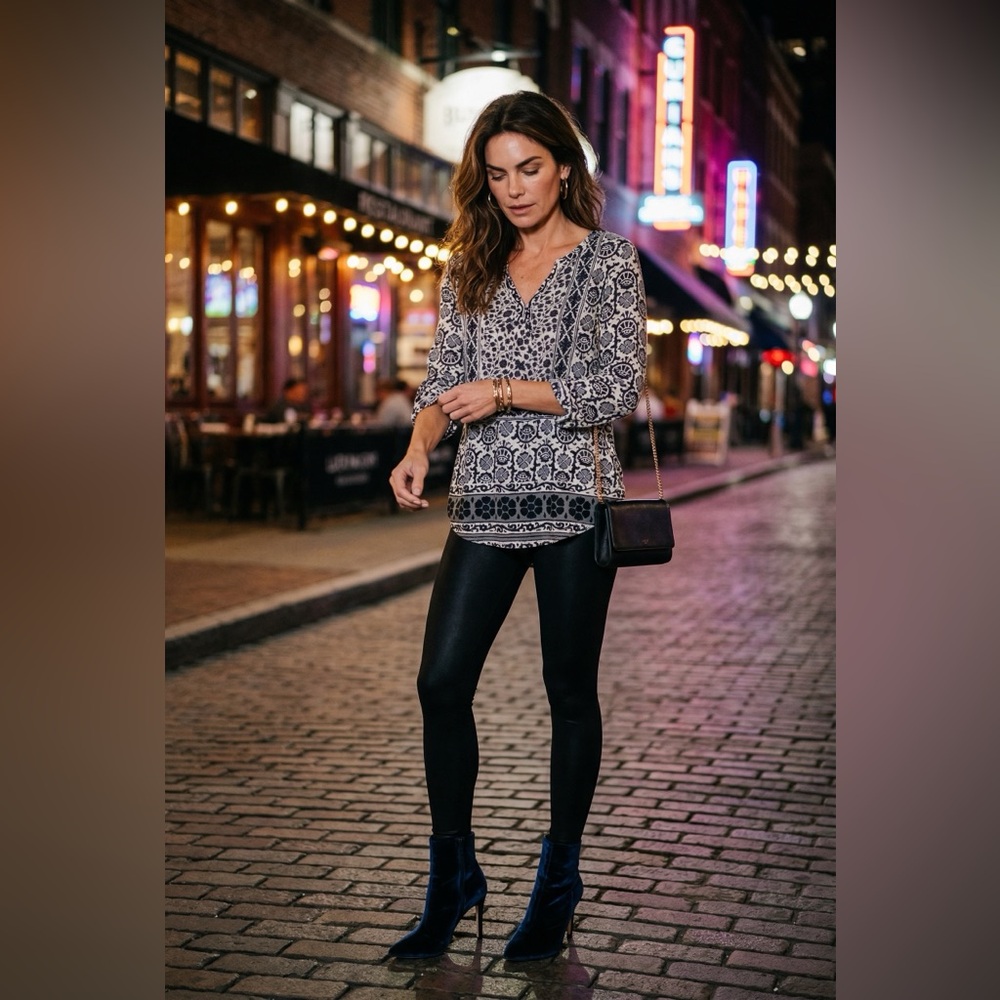 Lucky Brand Black and White Printed V-Neck Tunic